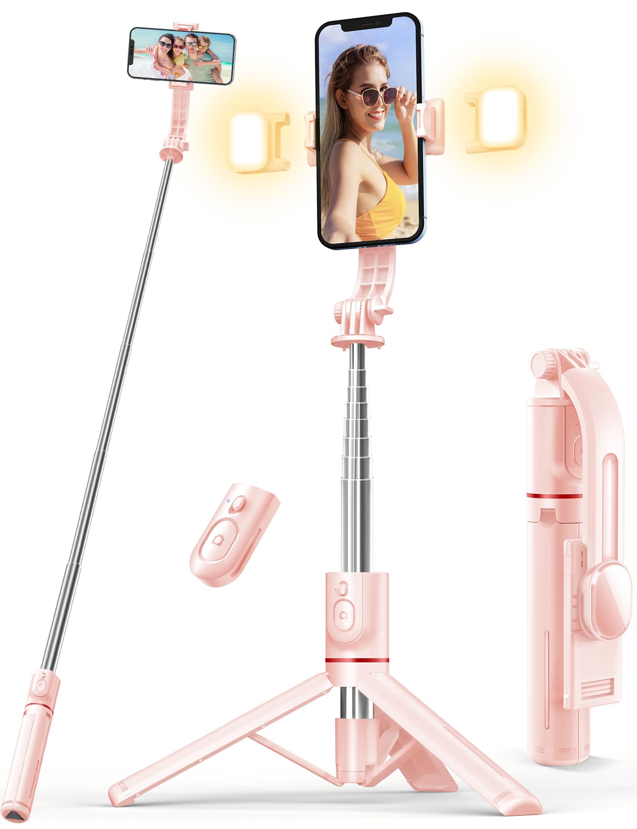 Selfie Stick Tripod with 2 Fill Lights, 45'' Extra Long Phone Tripod with Detachable Remote, Compatible with iPhone, Samsung, Smartphones