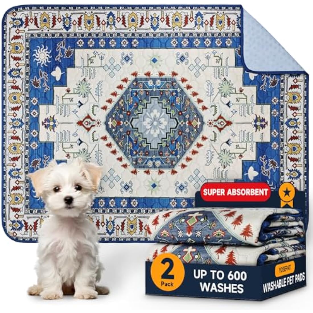 YOSEPATI Washable Pee Pads for Dogs,2 Pack Super Absorbent Reusable Puppy Pads 36"×48" Quick Dry,Waterproof& Non-Slip Whelping Pads for Crate,Floor,Sofa (Medallion Blue, 36"x48"(Pack of 2))