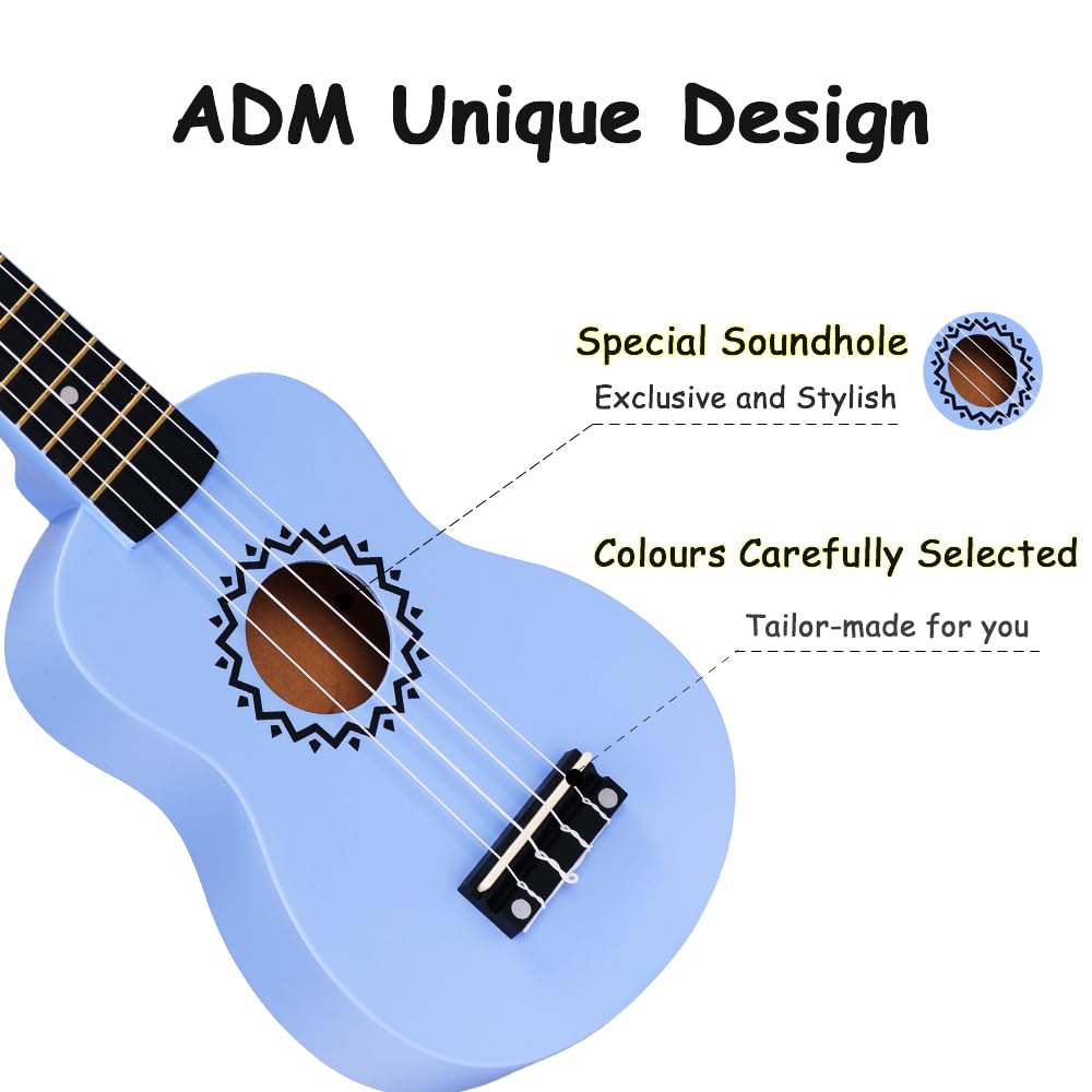 ADM Soprano Ukulele Set for Kids and Beginners, Ukulele Starter Kit with Bag, Clip-On Tuner, Rainbow Strings, Colourful Strap, Plectrum, Fingerboard Sticker, Chord Card (Dark Blue)