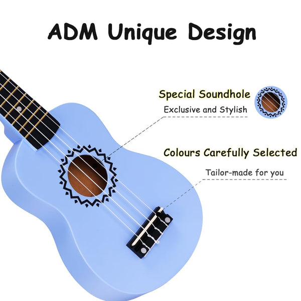 ADM Soprano Ukulele Set for Kids and Beginners, Ukulele Starter Kit with Bag, Clip-On Tuner, Rainbow Strings, Colourful Strap, Plectrum, Fingerboard Sticker, Chord Card (Dark Blue)
