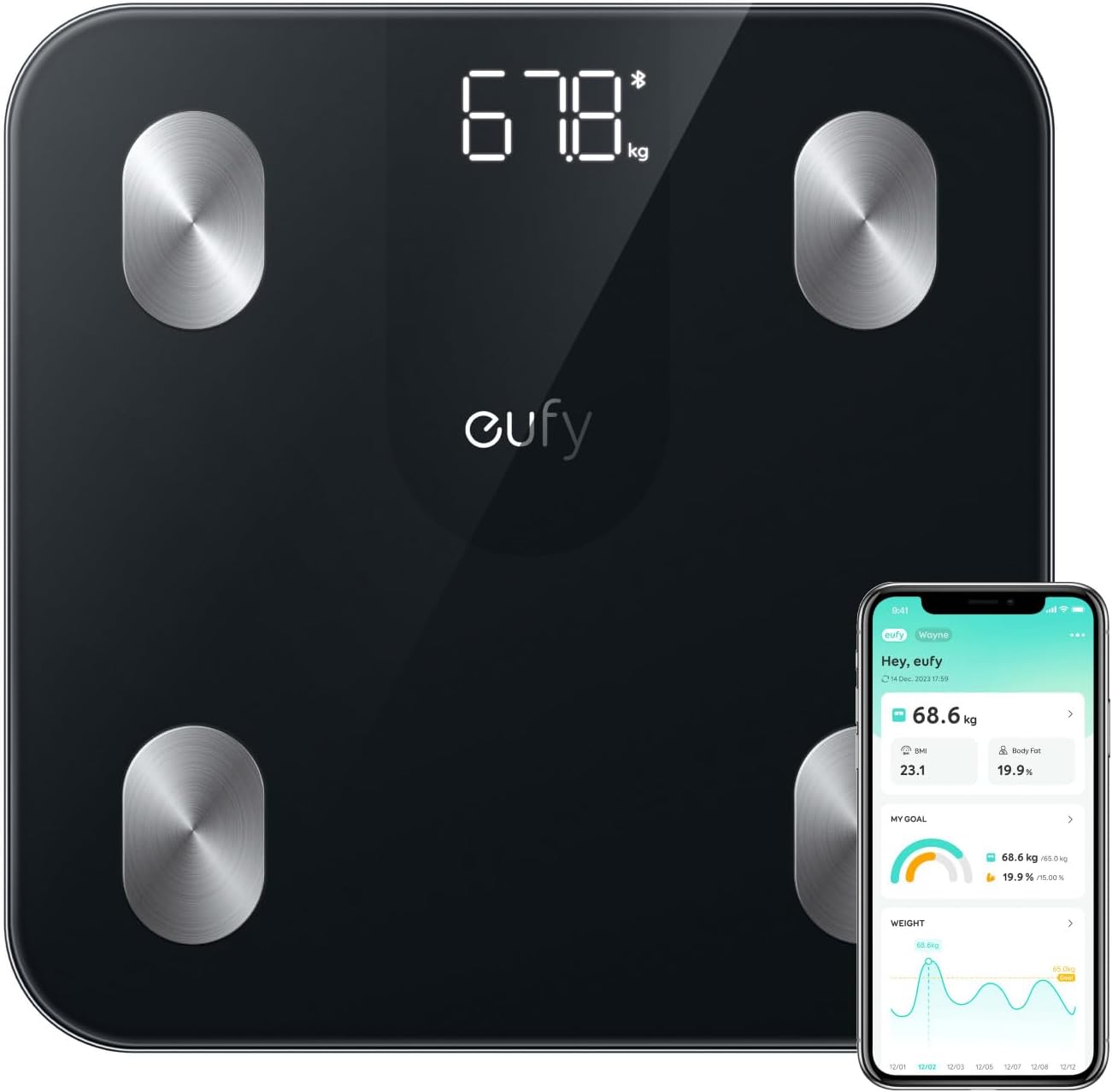 eufy Weighing Scales for Body Weight, Digital Bathroom Scales with Bluetooth, Body Fat Scales, 12 Measurements, Weight/Body Fat/BMI, Fitness Body Composition Analysis, Black, lbs/kg, Smart Scale A1