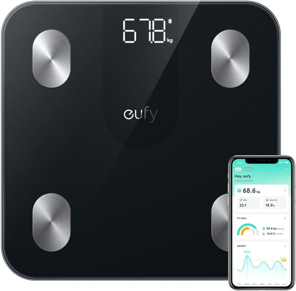 eufy Weighing Scales for Body Weight, Digital Bathroom Scales with Bluetooth, Body Fat Scales, 12 Measurements, Weight/Body Fat/BMI, Fitness Body Composition Analysis, Black, lbs/kg, Smart Scale A1