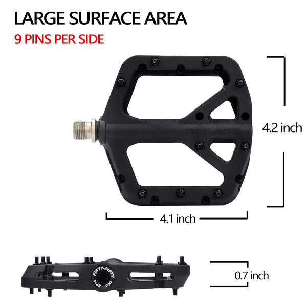 FIFTY-FIFTY Mountain Bike Pedals, Non-Slip MTB Nylon Composite, 9/16" Bicycle Pedals, Lightweight and Wide Flat Platform (Black)