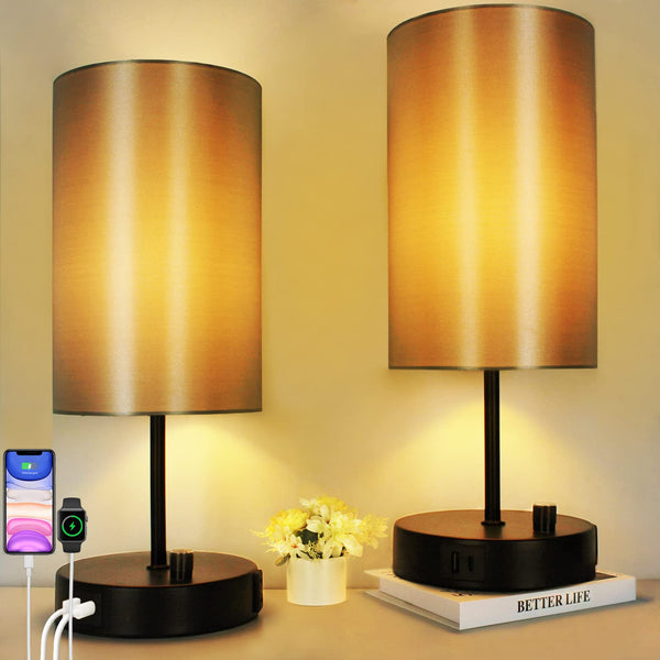 Allesgute Table Lamps Set of 2, 45cm Small Bedside Lamp with USB A + C Charging Ports, Round E27 Desk Light with Dimmable Knob for Bedroom Living Room