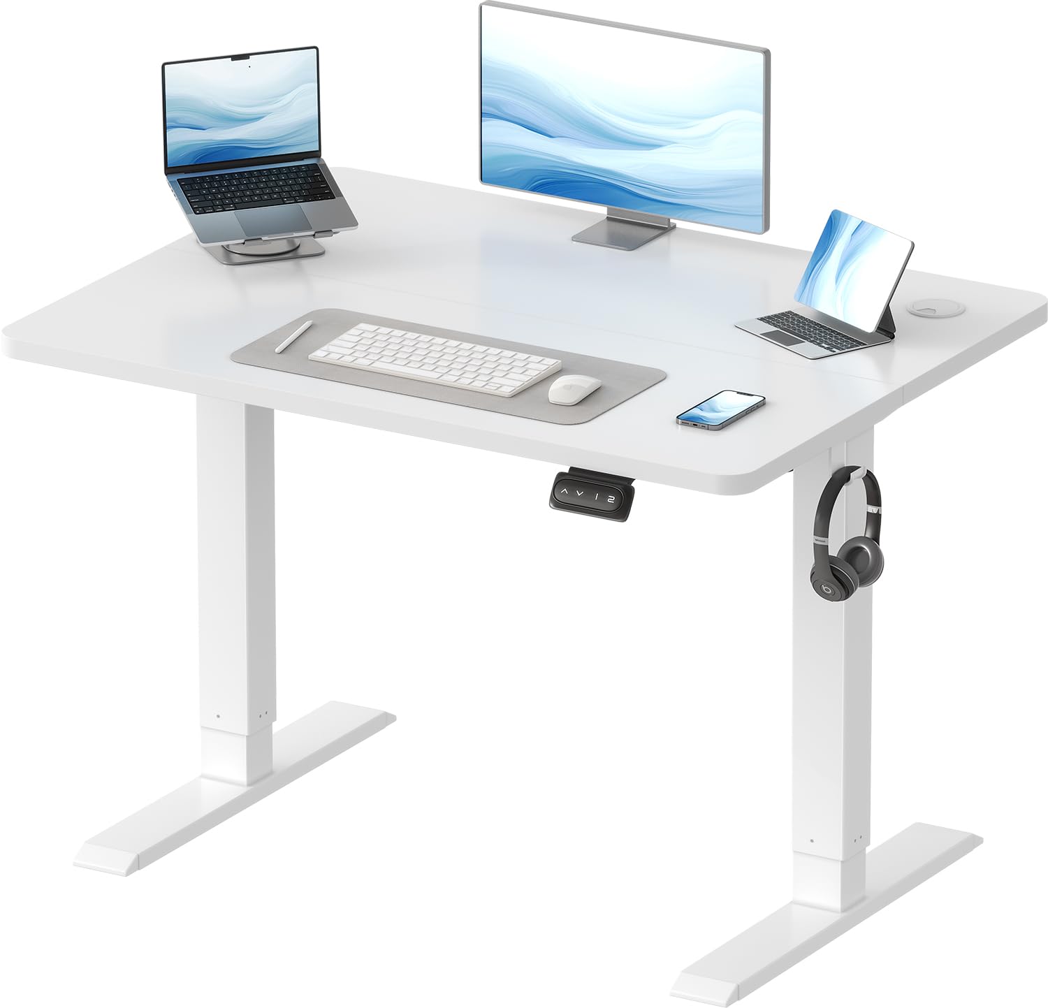 Devoko Electric Standing Desk 120x60cm Sit Stand Table Height Adjustable with Backpack Hook and Memory Smart Pannel, Home Office, White