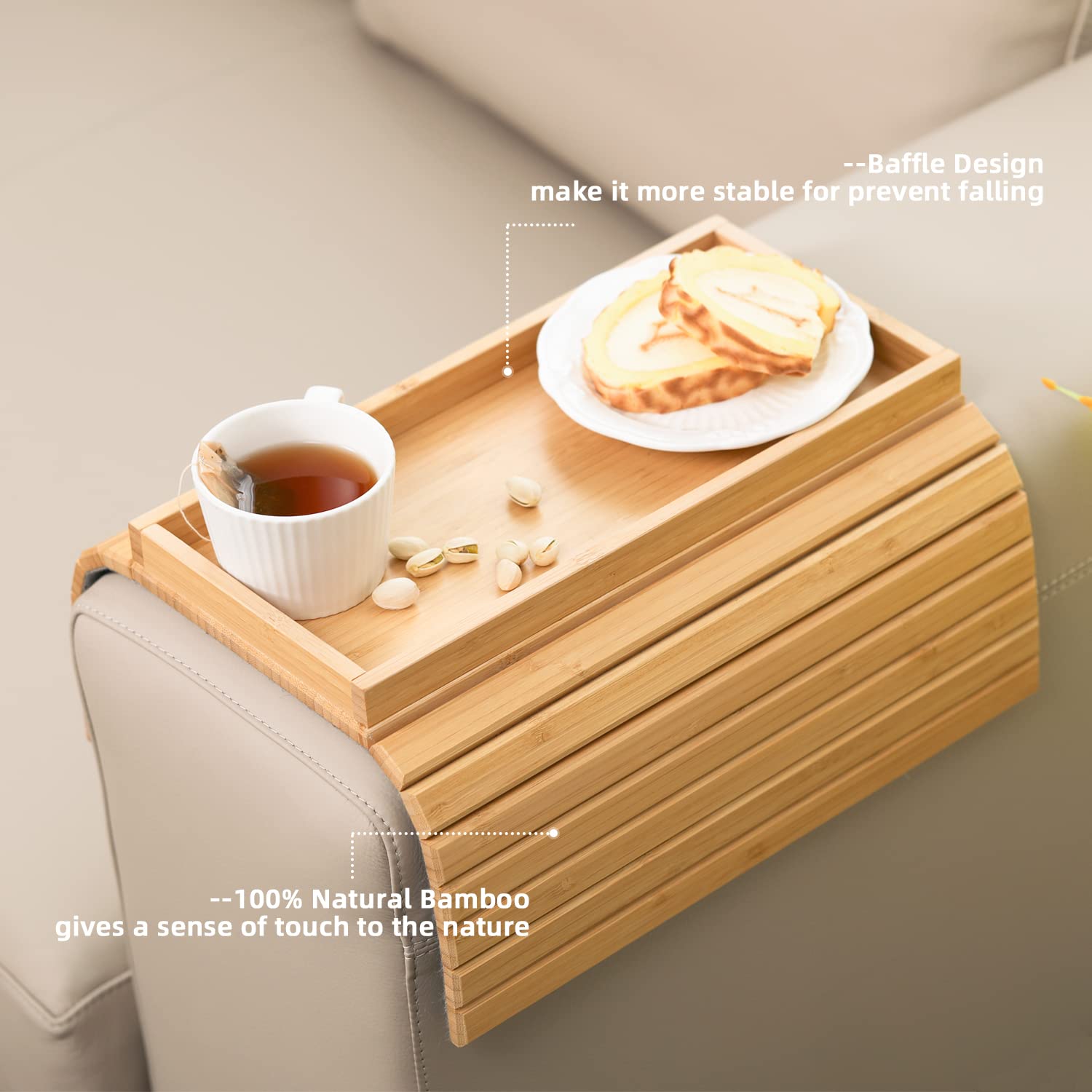GEHE Natural Bamboo Sofa Arm Tray Table, Anti-Slip Couch Cup Holder for Snacks, Phone, Control, Cups - Flexible and Foldable