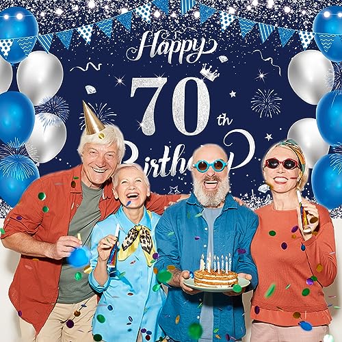Happy 70th Birthday Banner, 1.1 x 1.8m Blue Silver 70th Birthday Decorations for Women, Men, Anniversary Party Supplies
