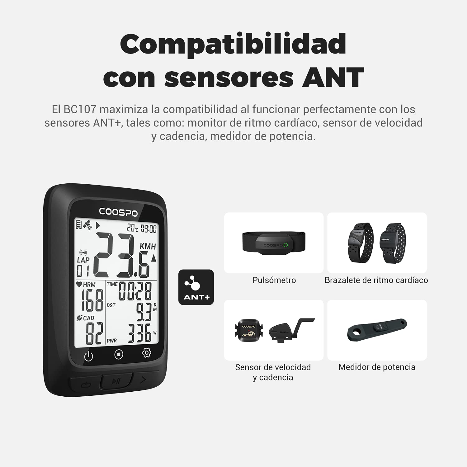 COOSPO ANT+ GPS Wireless Bike Computer with Bluetooth, Multifunction ANT+ GPS Bike Computer with 2.4 Inch LCD Display, Bike Speedometer with Automatic Backlight IP67