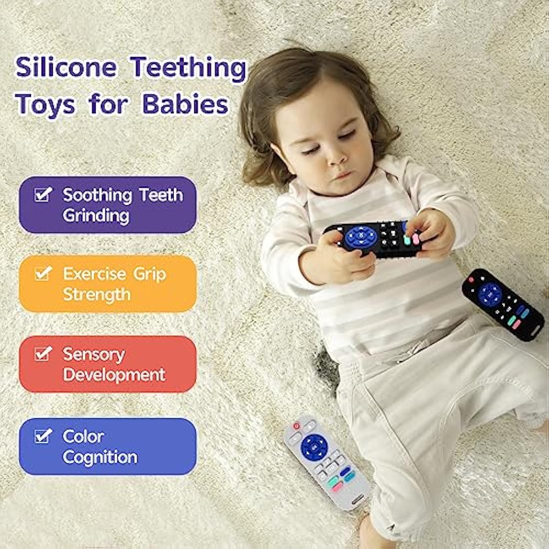 Hooku 2 Pack Remote Teether Baby, Silicone Teethers Babies 6-12 Months, Baby Teething Toys Babies 0-6 Months, Sensory Toys Babies, Toddler Infant Newborn Toys Baby Girl Boy Gifts, Black-Gray