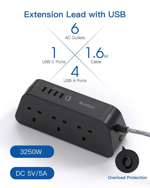 Black Extension Lead with USB Slots，6 Way Outlets 5 USB(5A, 1 USB- C and 4 USB-A Port) with 1.6M Braided Extension cord, 3250W Overload Protection，Security Surge Protection Plug Extension Socket