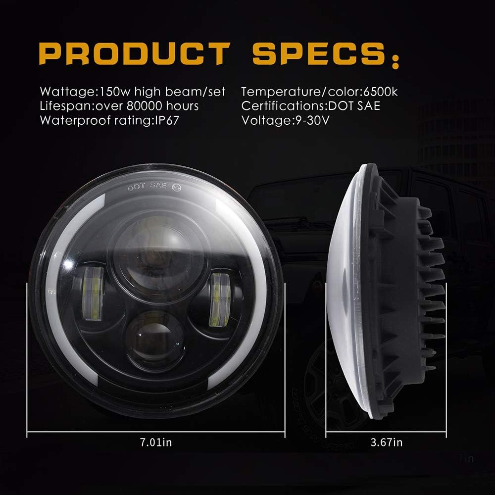 KT Pair LED DRL Halo Ring DRL High / Low Beam Headlights Land Rover 90 110 & Defender Black Jeep Wrangler JK TJ CJ Hummer H1 H2 Miata mx5 mk1 NA