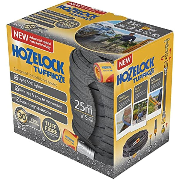HOZELOCK - Hybrid Watering Hose Tuffhoze 25 m : Extremely Flexible, Tuff-Fibre Woven Technology, Suitable for High-pressure Cleaners (40 bar), Durable hose: Ready to Use [8125 8000] Grey
