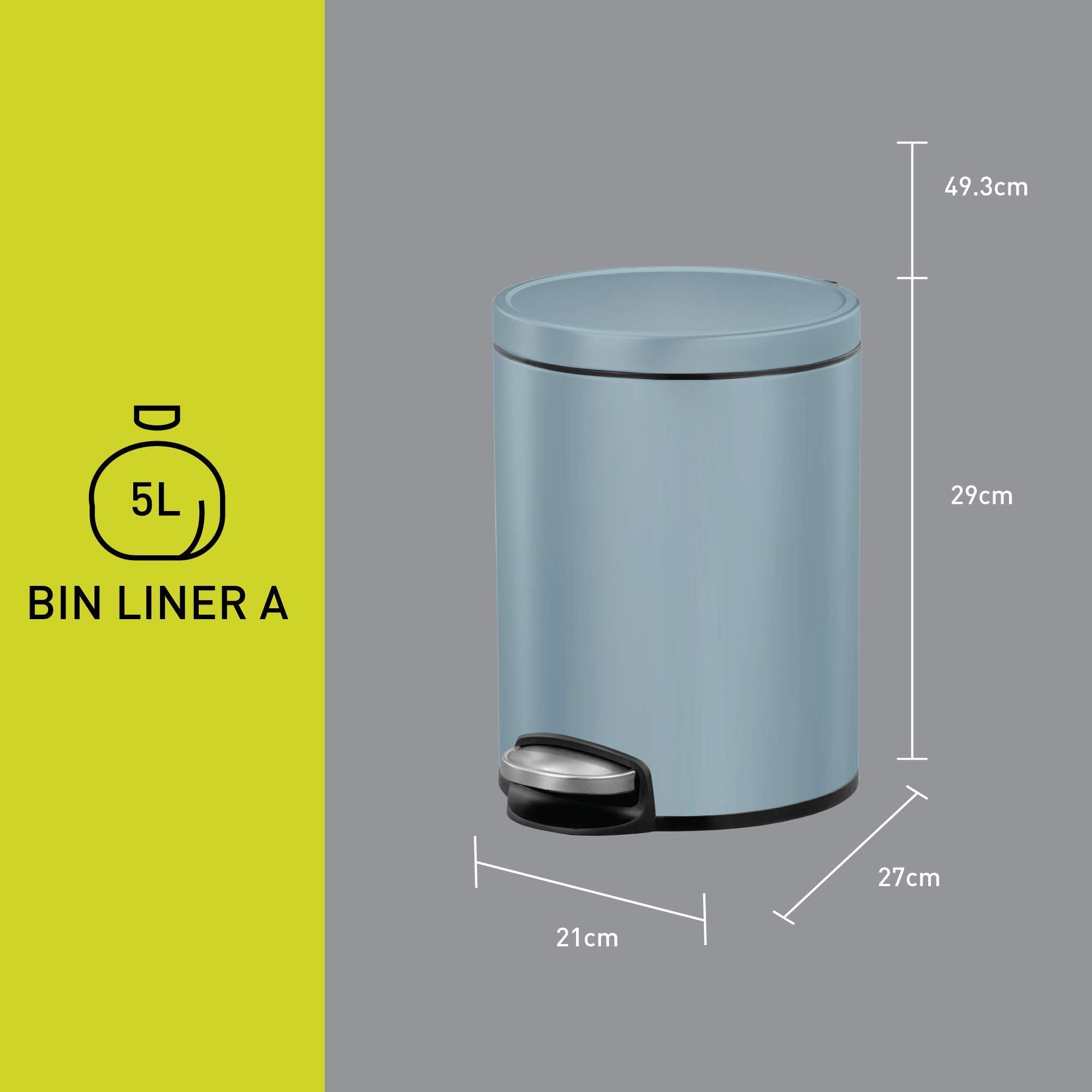 EKO Eva Pedal Bathroom Bin 5 Litres, Rubbish Bin with Soft Close Lid, Removable Inner Bucket, Perfect for Bathroom, Bedroom & Home, Titanium Blue