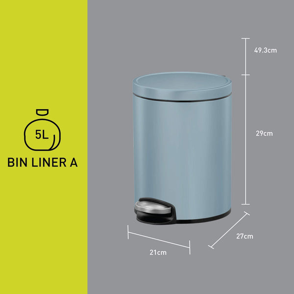 EKO Eva Pedal Bathroom Bin 5 Litres, Rubbish Bin with Soft Close Lid, Removable Inner Bucket, Perfect for Bathroom, Bedroom & Home, Titanium Blue