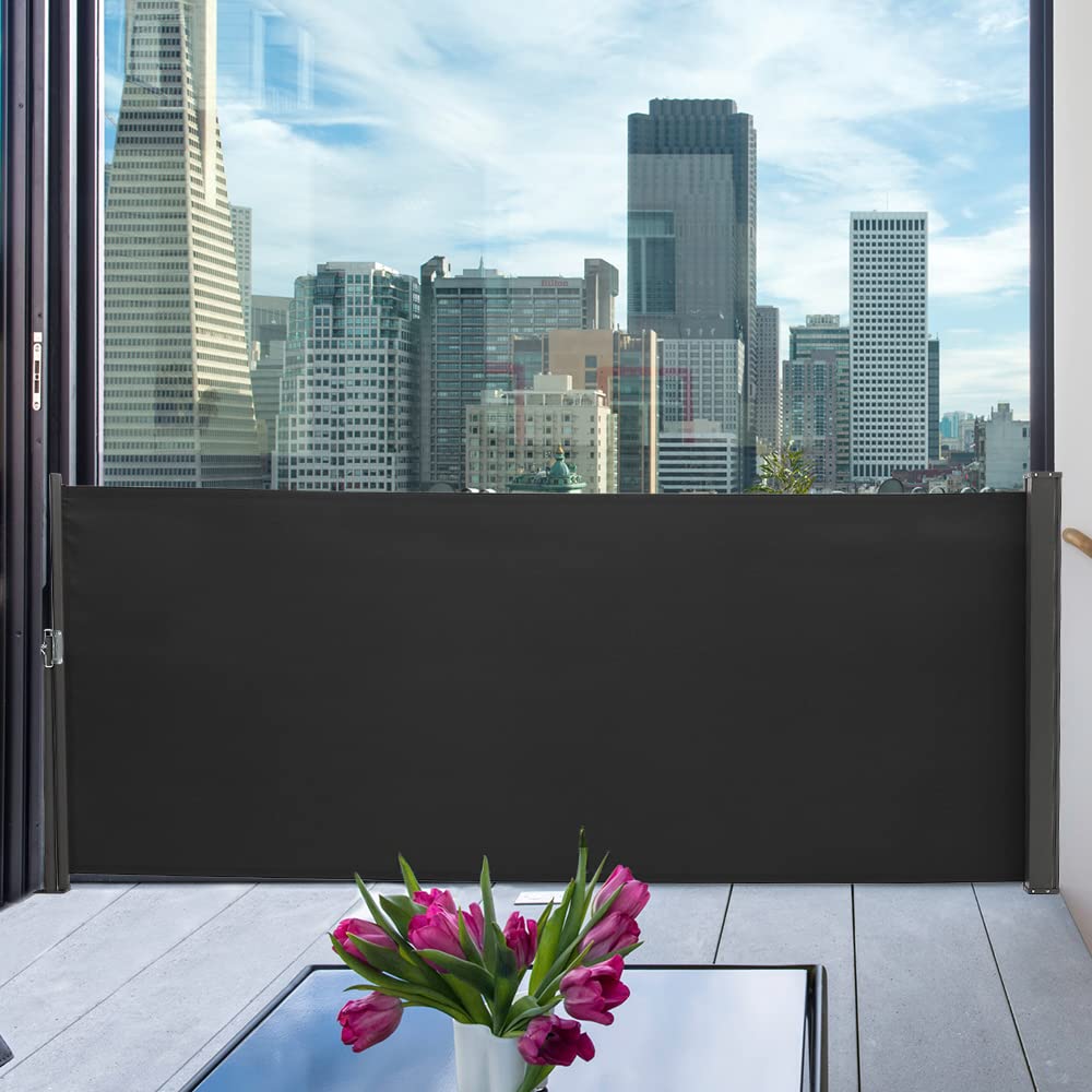 The Fellie Dark Grey Retractable Side Awning, Wind, UV Protection and Weatherproof PU Coating for Outdoor Privacy Screen for Garden, Balcony, Terrace, 140 x 300 cm