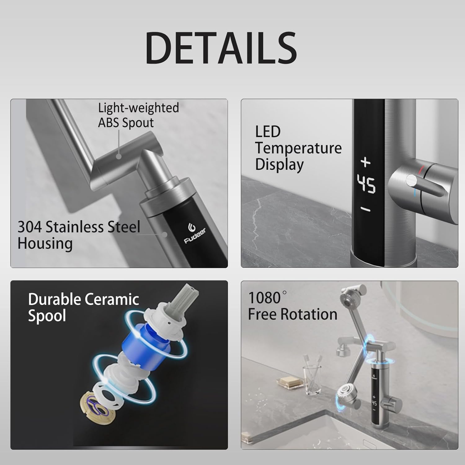 Electric Hot Water Tap for Bathroom, Instant Hot Water Heated Tap for Kitchen, Stainless Steel Water Heater Tap Supply Hot and Cold Water Faucet with Digital Display (Mechanical Spout)
