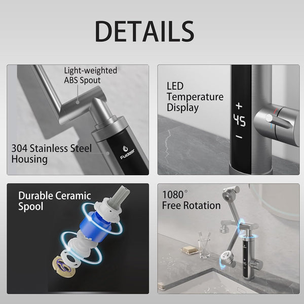 Electric Hot Water Tap for Bathroom, Instant Hot Water Heated Tap for Kitchen, Stainless Steel Water Heater Tap Supply Hot and Cold Water Faucet with Digital Display (Mechanical Spout)