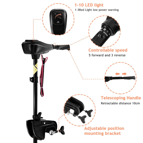 COSTWAY Electric Trolling Motor, 12V 55LBS/24V 86LBS Transom Mounted Outboard Motor with Telescopic Handle & LED Battery Indicator, Bow Mount Boat Engine for Freshwater Saltwater (24V 86LBS)