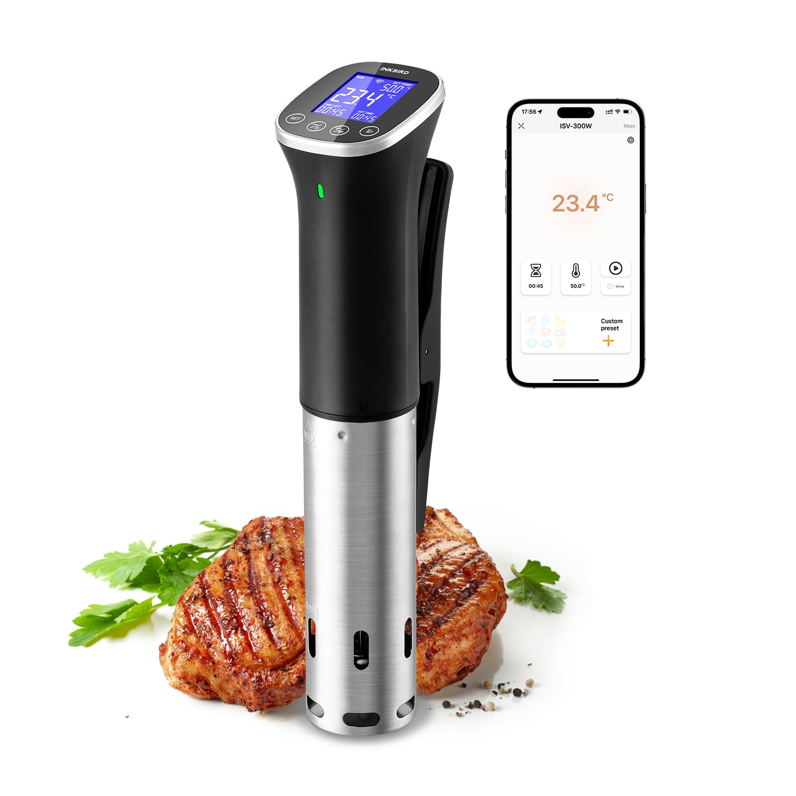 Inkbird ISV-300W Smart WiFi Sous Vide Cooker & Machine - IPX7 Waterproof Precision Temperature Control (0.1C), APP Remote with Recipes, 100H Timer,