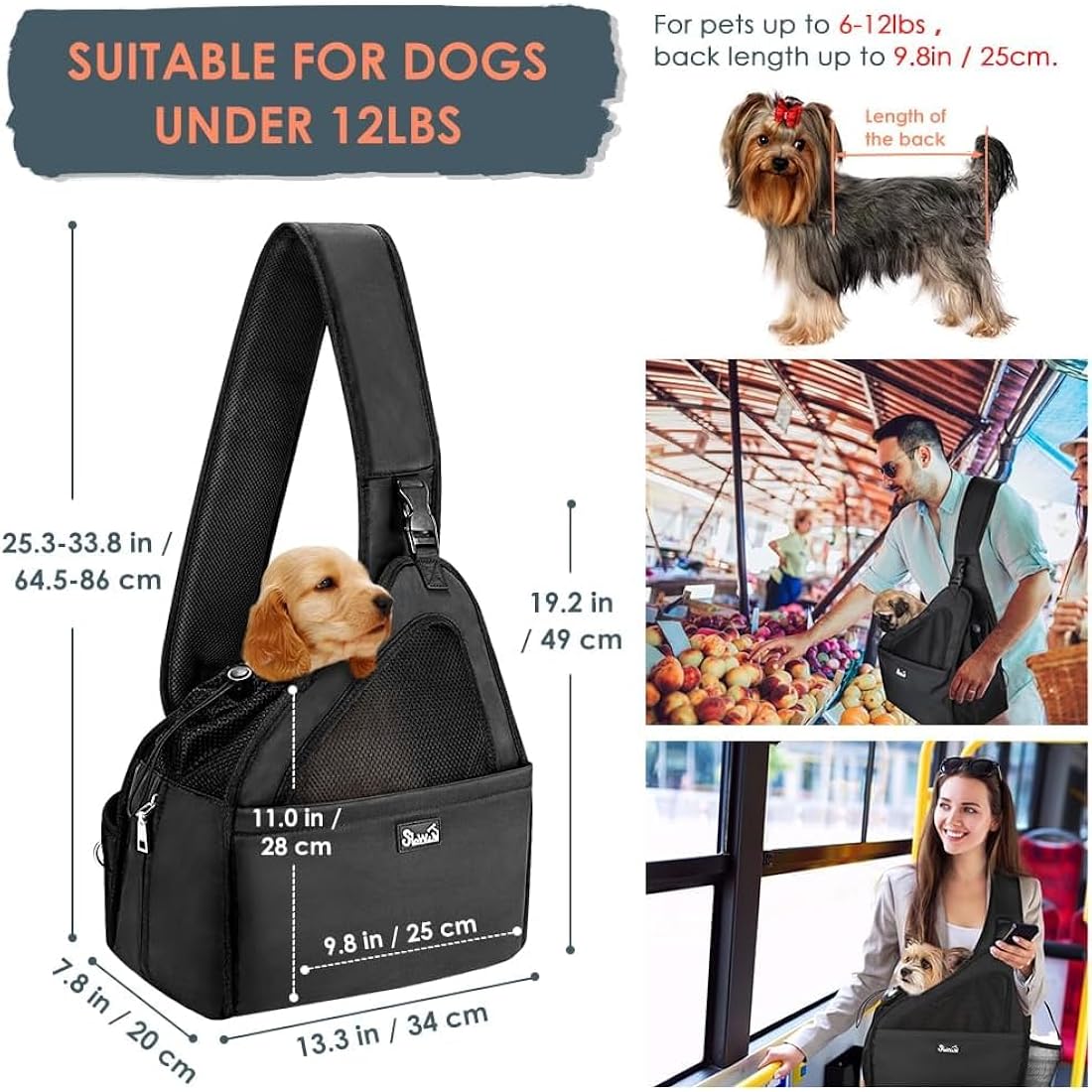 Eyein Pet Puppy Sling Carrier, Up to 12 lbs Hand Free Cat Dog Papoose, Hard Bottom Support Small Animal Travel Tote Bags with Breathable Mesh Adjustable Padded Strap Safety Belt Machine Washable