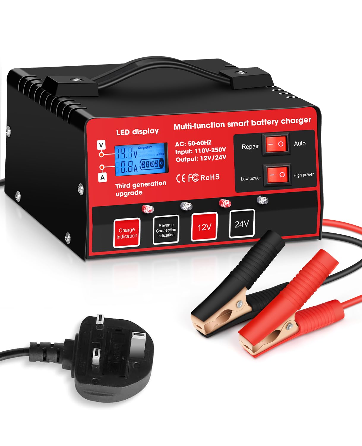 Outerman Car Battery Charger,12V-12A/24V-8.5AMP Smart Automatic Battery Charger,High/Low Power Trickle Charger Battery Maintainer,for Car Motorcycle Lawn Mower Marine