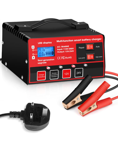 Outerman Car Battery Charger,12V-12A/24V-8.5AMP Smart Automatic Battery Charger,High/Low Power Trickle Charger Battery Maintainer,for Car Motorcycle Lawn Mower Marine