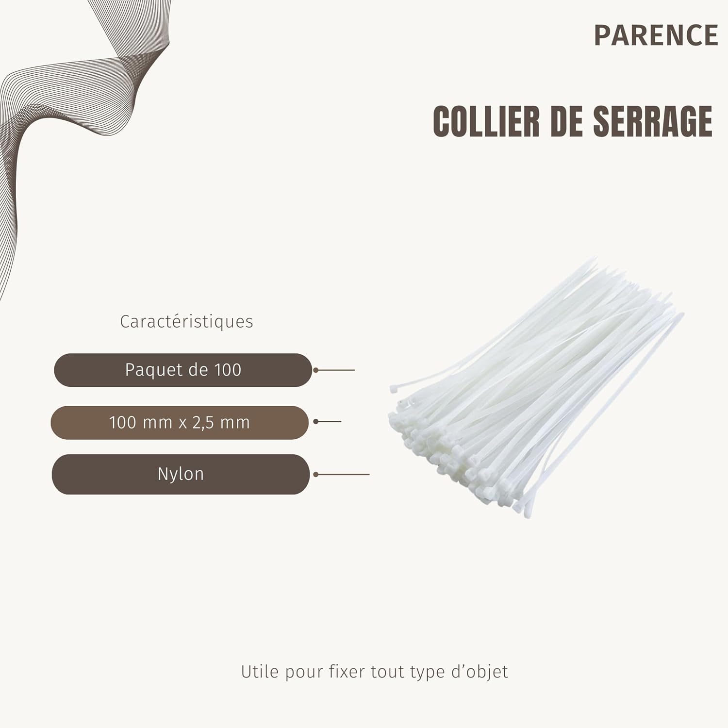 PARENCE. - Set of 100 Plastic Cable Ties - 100 Pieces, Clamps, Flanges, Rislan - 100x2,5mm, White
