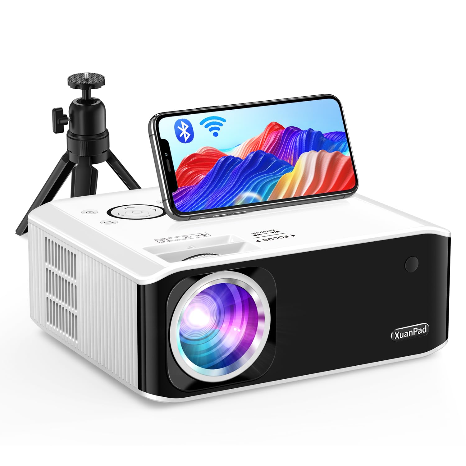 [Official Netflix Certified & Auto Focus] Smart Projector 4K Support, XuanPad Mini Projector for Bedroom, 800 ANSI, Auto Keystone, 3D Stereo Sound WiFi Bluetooth Projector with 360°Adjustable Stand