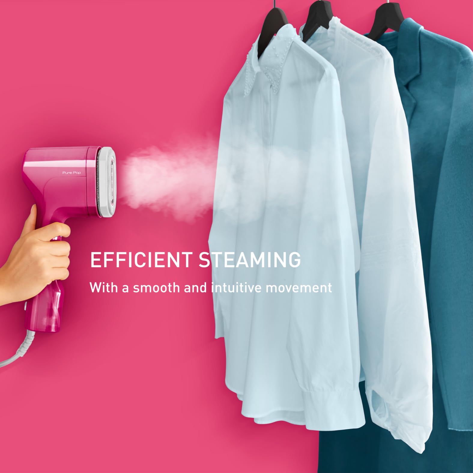 Tefal Pure Pop Slim Handheld Clothes Steamer, No Ironing Board Needed, Ready to Use in 15 Seconds, 70ml Detachable Water Tank, Travel Iron, Garment Steamer, Pink, DT2023