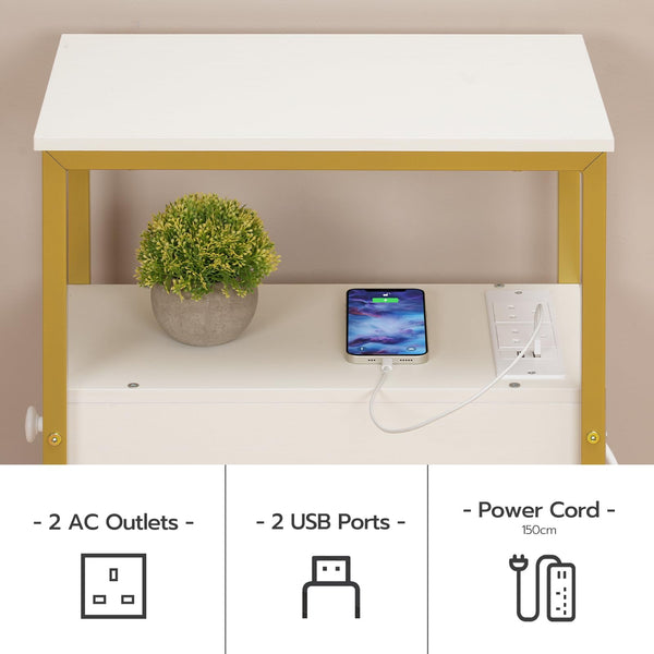 HOOBRO Side Table, Narrow Bedside Table with Charging Station, USB Ports and Power Outlets, Slim Side Table for Small Spaces, 2 Drawers, Industrial
