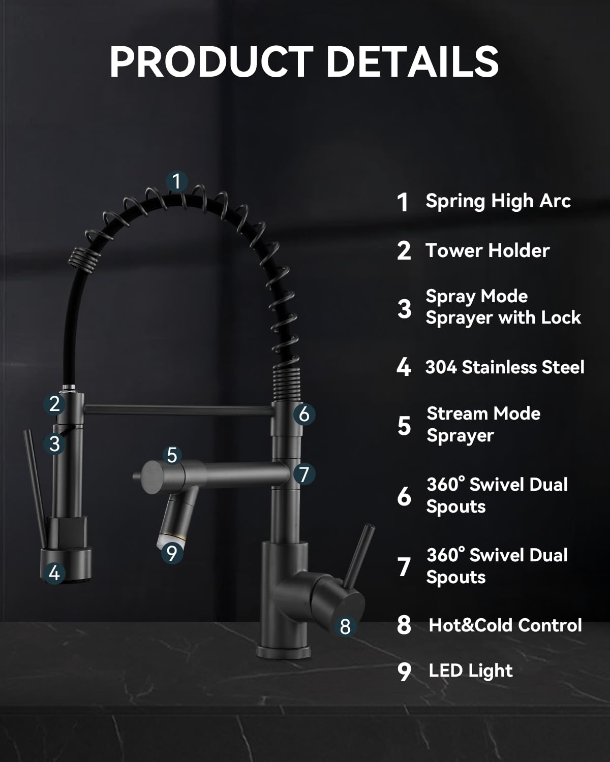 Warmiehomy 5 Modes Kitchen Taps Mixer with Pull Out Spray,High Arc 360° Swivel Dual Spout Pull Down Stainless Steel Kitchen Sink Taps,Brushed Nickel