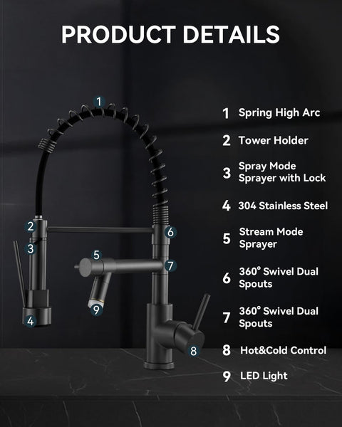 Warmiehomy 5 Modes Kitchen Taps Mixer with Pull Out Spray,High Arc 360° Swivel Dual Spout Pull Down Stainless Steel Kitchen Sink Taps,Brushed Nickel