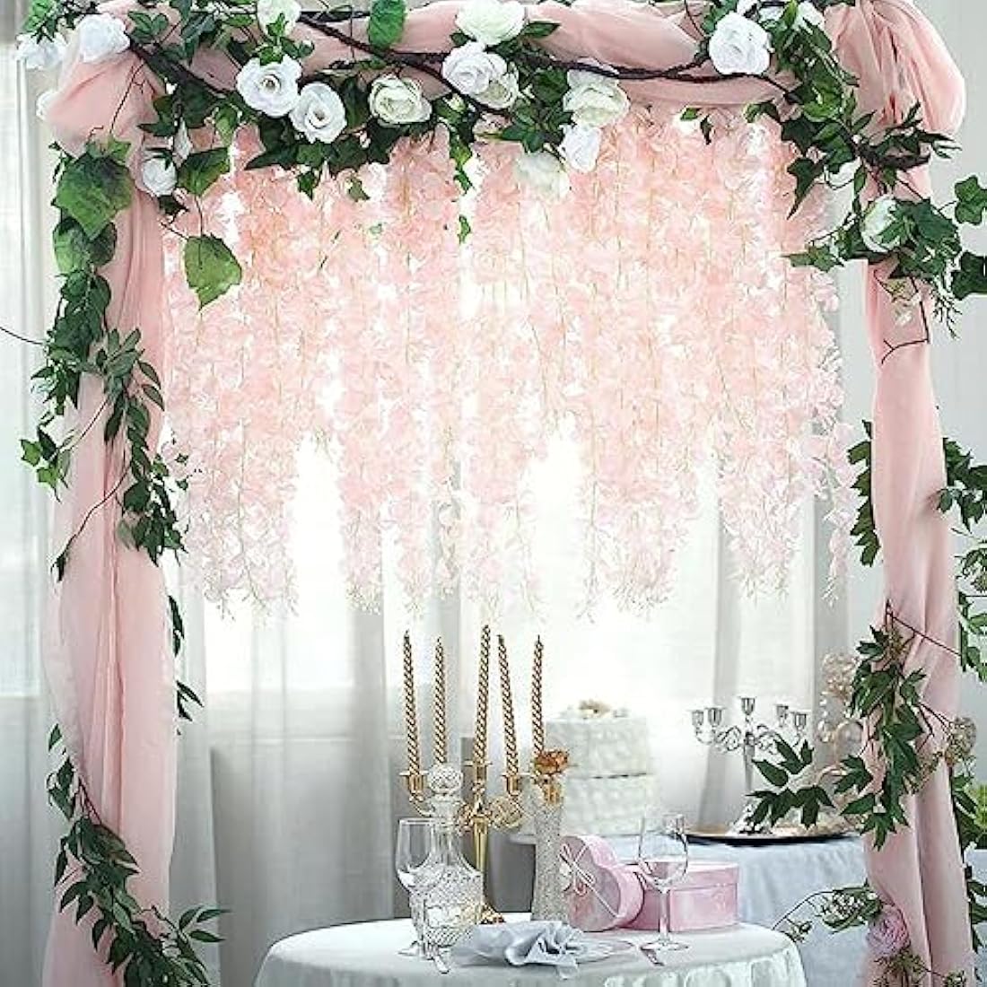 12 Packs Artificial Wisteria Flowers Vine Fake Wisteria Garland Flower Garlands Artificial Hanging Flowers for Decoration Garden Party Outdoor Wedding Decoration (Pink-Dense)