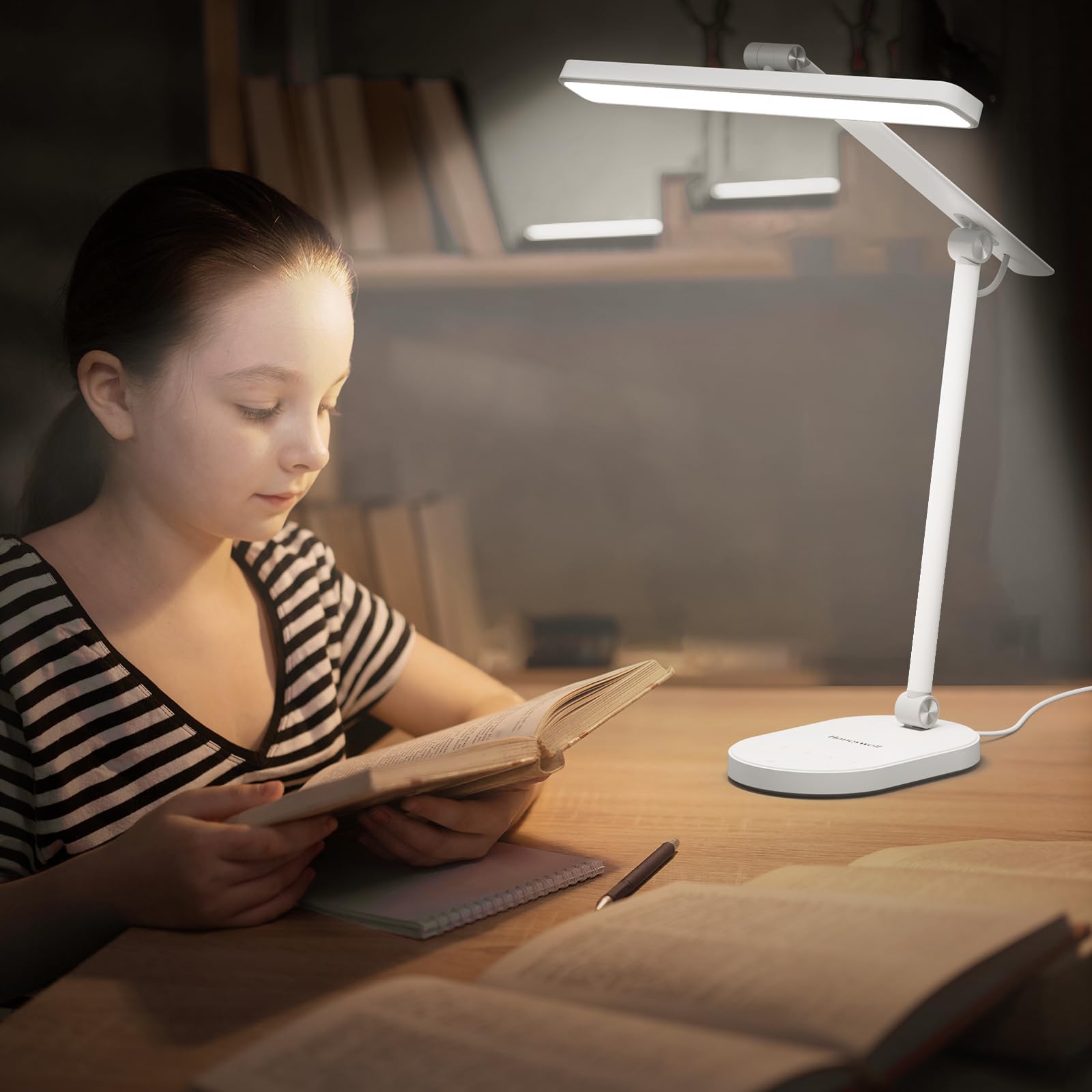 Honeywell LED Desk Lamp for Home Office - H4 Sunturalux™ Eye-Caring Desk Light, 14W Dimmable Table Lamp with 3 Color Modes, 5 Brightness Levels, Auto-Dimming, Timer, Touch Control Reading Lamp, White