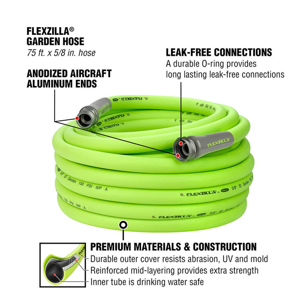 Flexzilla Garden Hose 5/8 in. x 75 ft, Heavy Duty, Lightweight, Drinking Water Safe, ZillaGreen - HFZG575YW-E