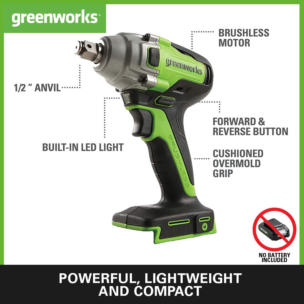 Greenworks GD24ID3 Cordless Impact Drill Driver with Brushless Motor, 2800rpm, 4000ipm, 300Nm Torque 1/4" Hex Chuck WITHOUT 24V Battery & Charger, 3 Year Guarantee