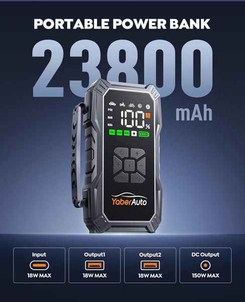 Jump Starter Power Pack with Air Compressor, YaberAuto 6000A Portable Car Battery Booster (All Petrol/10L Diesel), 12V Car Jump Starter Power Bank with Jump Leads, LCD Screen, Emergency Light