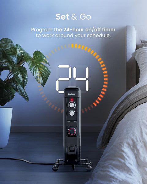 Pro Breeze Oil Filled Radiator with 11 Fins - Slim Electric Radiator - Portable Oil Heater with Built-in 24 Hour Timer, 3 Heat Settings, Adjustable Thermostat (White)
