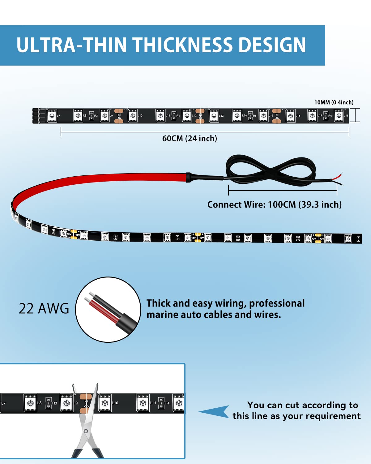 Motorbike Underglow 12V Led Strip Lights Neon Interior Car Lights Connectable Red Led Light Strips 12V for Cars Interior Lights Boat Marine Trucks 4Pack(60cm/24" Red)