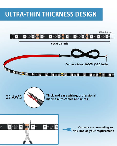 Motorbike Underglow 12V Led Strip Lights Neon Interior Car Lights Connectable Red Led Light Strips 12V for Cars Interior Lights Boat Marine Trucks 4Pack(60cm/24" Red)