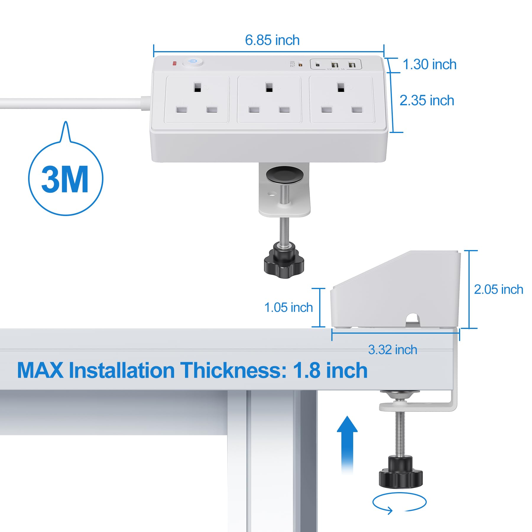 Desk Power Socket with USB C Slots, HAFINO PD 20W Fast Charging Power Station, 2M Extension Lead with USB Slots with Removable Clamp, Desktop Power Strip for Home Office