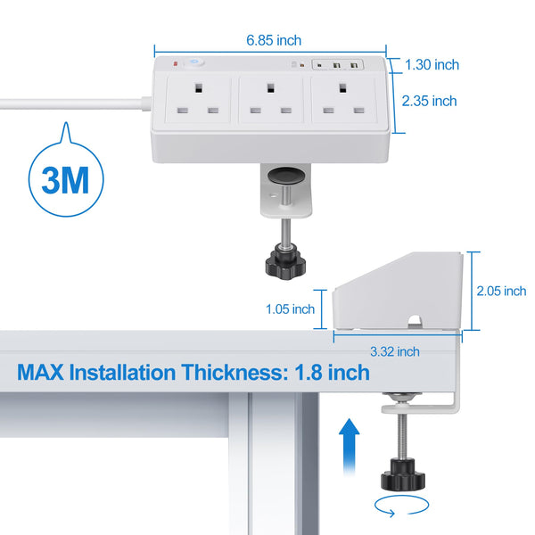 Desk Power Socket with USB C Slots, HAFINO PD 20W Fast Charging Power Station, 2M Extension Lead with USB Slots with Removable Clamp, Desktop Power Strip for Home Office