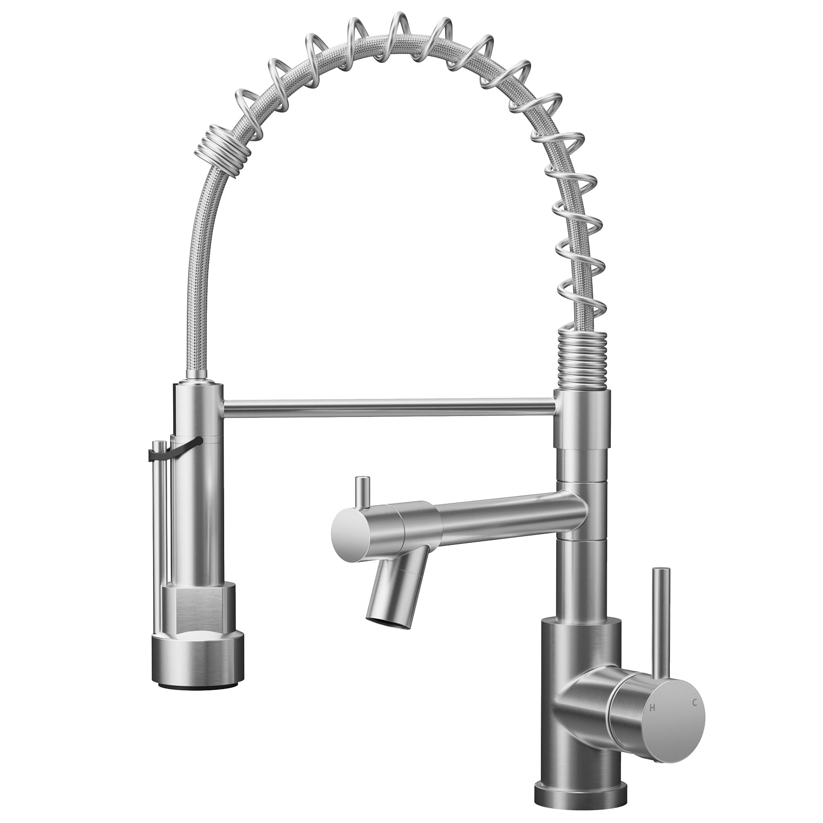 Warmiehomy 5 Modes Kitchen Taps Mixer with Pull Out Spray,High Arc 360° Swivel Dual Spout Pull Down Stainless Steel Kitchen Sink Taps,Brushed Nickel