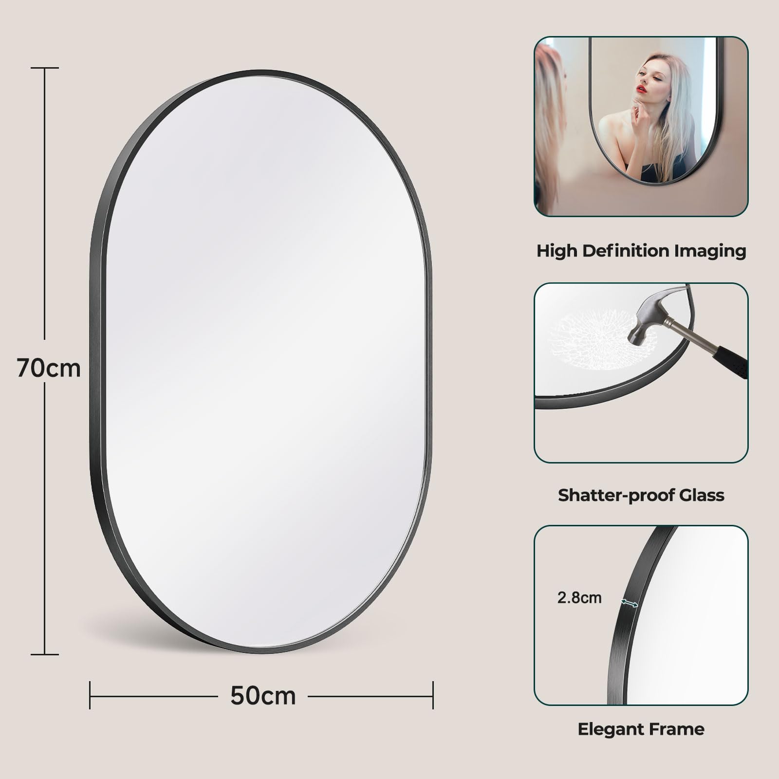 Dripex 50 x 70cm Oval Mirror, Wall Mounted Bathroom Mirror, Horizontal or Vertical Hanging Wall Mirror for Living Room, Bedroom, Entryway, Black