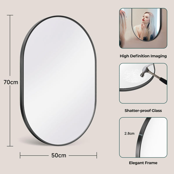 Dripex 50 x 70cm Oval Mirror, Wall Mounted Bathroom Mirror, Horizontal or Vertical Hanging Wall Mirror for Living Room, Bedroom, Entryway, Black