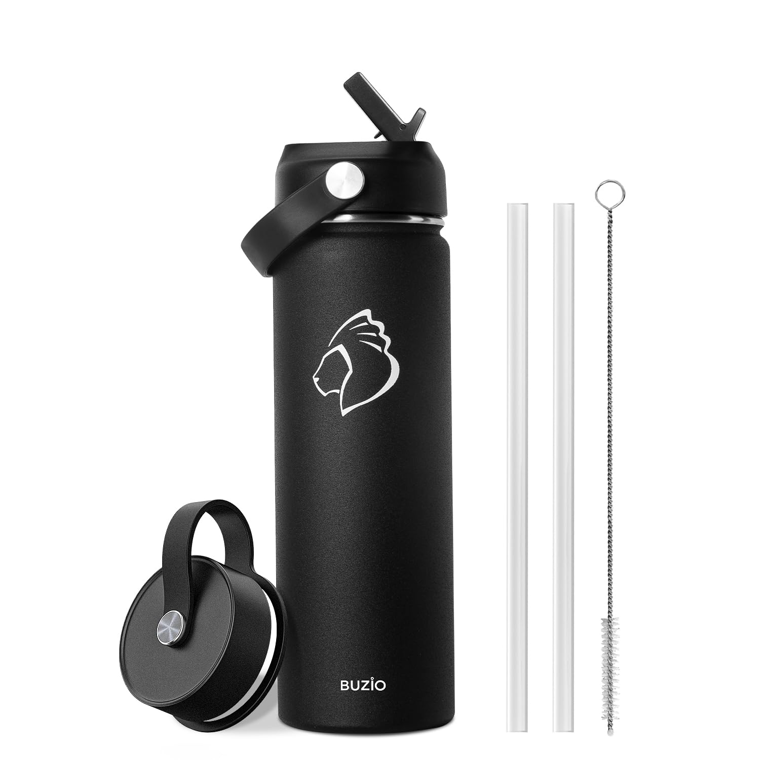 Stainless Steel Water Bottle 2L, BUZIO Vacuum Insulated Water Bottle with Straw Lid and Flex Cap Cold for 48 Hrs, Hot for 24 Hrs Double Wall Wide Mouth BPA Free Leak Proof, Black