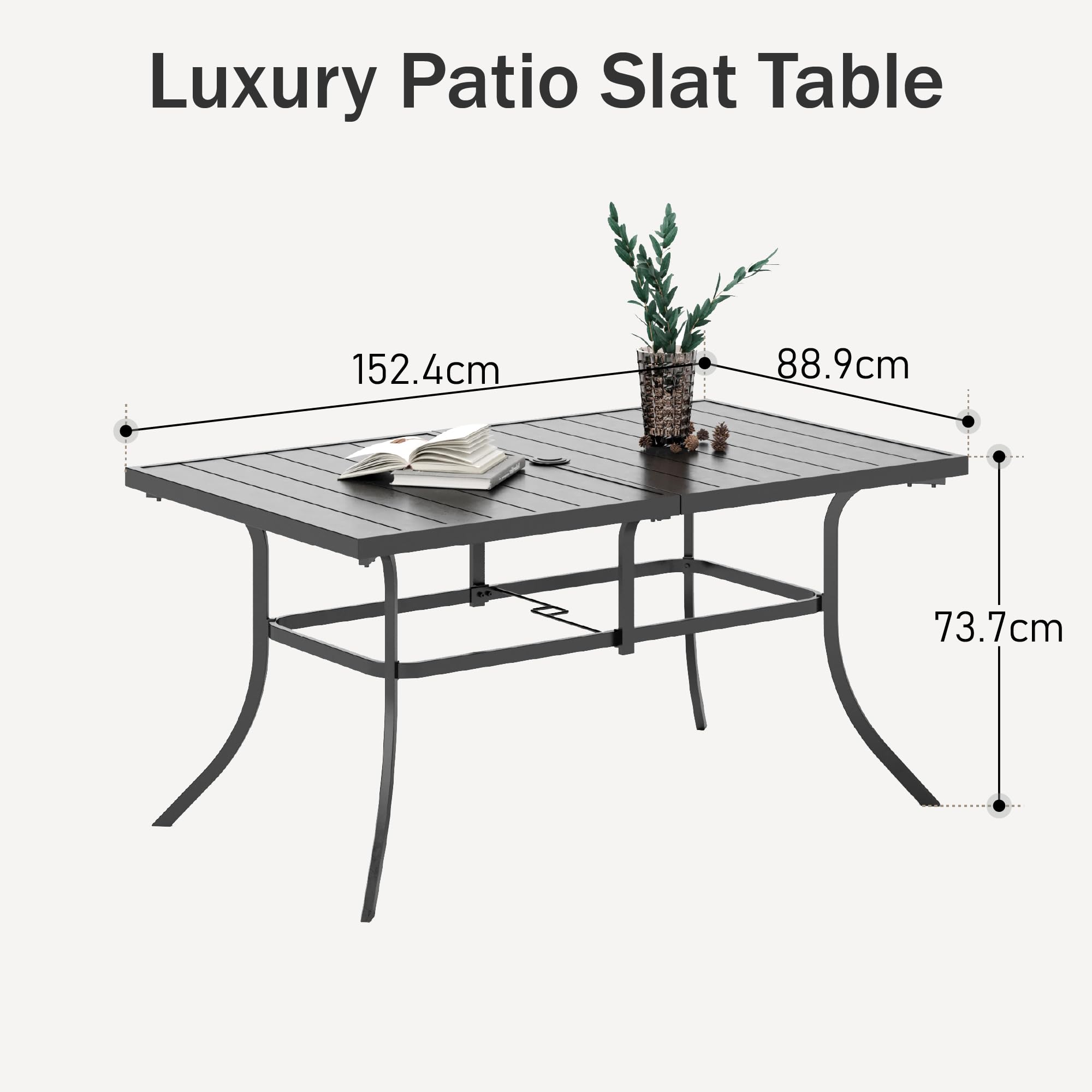 PHIVILLA Garden Table for 6 Person 150 * 90cm Patio Outdoor Table Rust Proof Steel Frame with 4 cm Parasol Hole Outdoor Furniture Garden Dining Table Maintenance Free Black