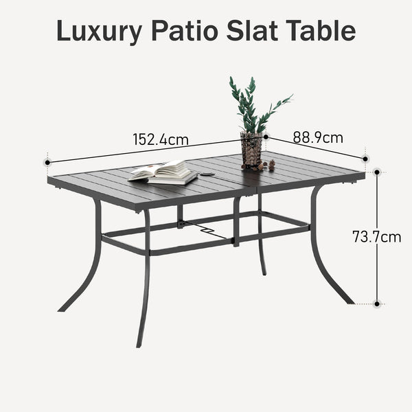 PHIVILLA Garden Table for 6 Person 150 * 90cm Patio Outdoor Table Rust Proof Steel Frame with 4 cm Parasol Hole Outdoor Furniture Garden Dining Table Maintenance Free Black