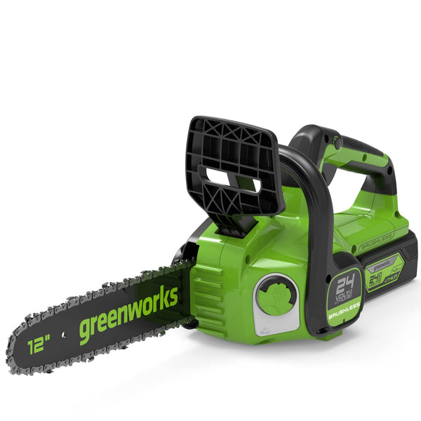 Greenworks GD24CS30K4 Cordless Chainsaw with Brushless Motor, 30cm Bar Length, 7.8m/s Chain Speed, Auto-Oiler, Kickback Protection, 24V 4Ah Battery & Charger, 3 Year Guarantee
