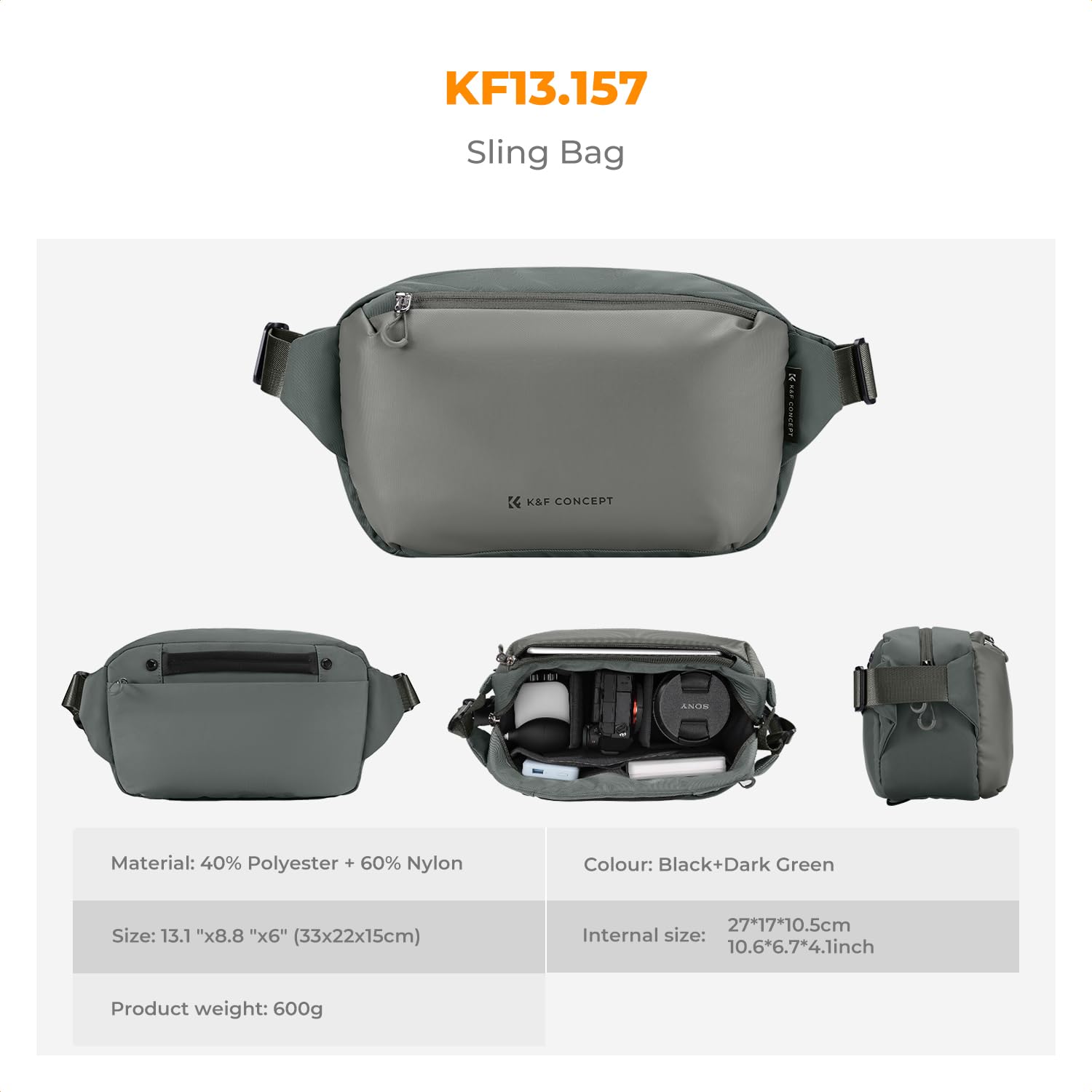 K&F Concept Camera Sling Bag, Camera Bag for DSLR and Lenses, Single Shoulder Camera Case Crossbody Bag with Tripod Holder for SLR Canon Sony Nikon Drone
